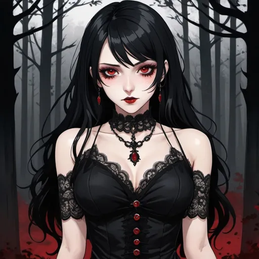 Prompt: A vampiress with, long black hair and red eyes wearing a black gothic revealing dress, she has an elegant lace necklace. Her nails are painted black. Draw a dark street behind her. Draw 2d like an anime. Draw as if she is in a forest. Draw 2d like an anime. Persona 4 or Danganronpa art style.