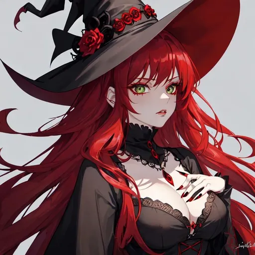 Prompt: A witch with, long red hair and green eyes wearing a black gothic witch dress, she has an elegant ruby lace necklace and a classic wide black witch hat with some red stones on it. She has an innocent face. Her nails are either painted scarlet red or black