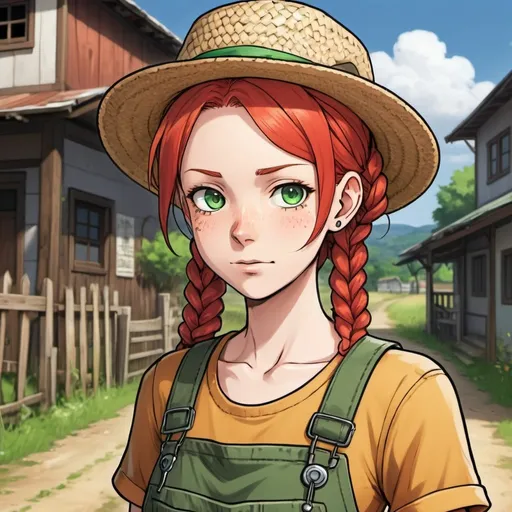 Prompt: A woman farmer with long red braids, green eyes, pale light skin, and an innocent face. She wears dirty or patched overalls. She wears a straw hat on her head and she has a cross necklace. Draw some old town behind her. Draw 2d like an anime. In a Persona 4 or Danganronpa art style.