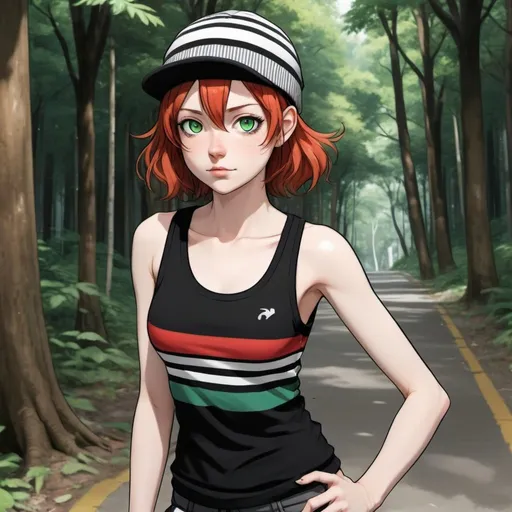 Prompt: A pale white-skinned and short red-haired, green-eyed woman with very feminine Phys, wears a black and gray striped tank top, a black dolphin shorts and a black beanie. Draw a street behind her. Draw 2d like an anime. Draw as if she is in a forest. Draw 2d like an anime. Persona 4 or Danganronpa art style.