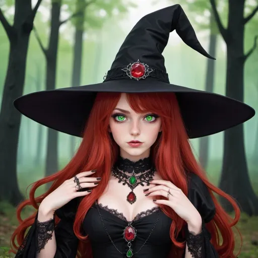Prompt: A witch with, long red hair and green eyes wearing a black gothic witch dress, she has an elegant ruby lace necklace and a classic wide black witch hat with some red stones on it. She has an innocent face. Her nails are either painted black. Draw a forest behind her. Draw 2d like an anime.