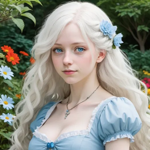 Prompt: A woman noblewoman with albino disorder. She has long wavy white hair, ice-blue eyes, and pale light skin. She wears a long baby blue dress. Draw a colorful garden behind her. Draw 2d like an anime. In a Persona 4 or Danganronpa art style.