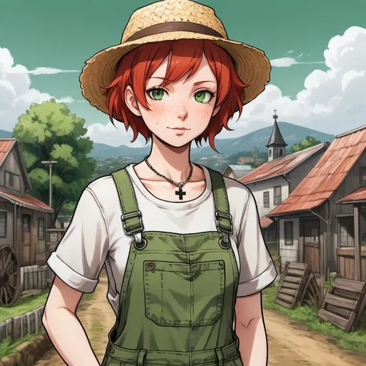 Prompt: A woman farmer with short red hair, green eyes, and pale light skin. She wears dirty or patched overalls. She wears a straw hat on her head and she has a cross necklace. Draw some old town behind her. Draw 2d like an anime. In a Persona 4 or Danganronpa art style.