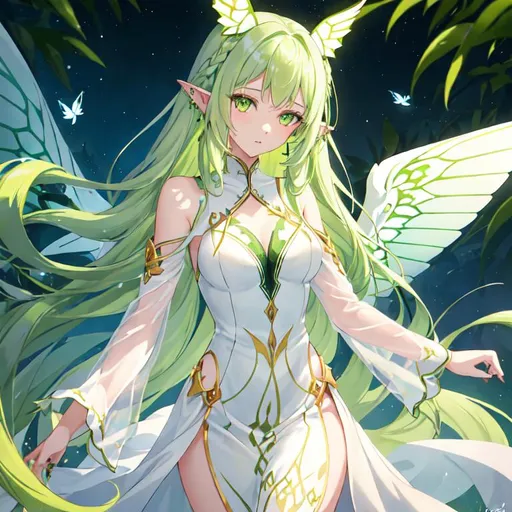 Prompt: She has long wavy green hair and green eyes, her skin is white. Her wings look like a butterfly would have Her pointy long ears poke out of her hair, and she has a few piercings on her long ears. She wears a white long dress