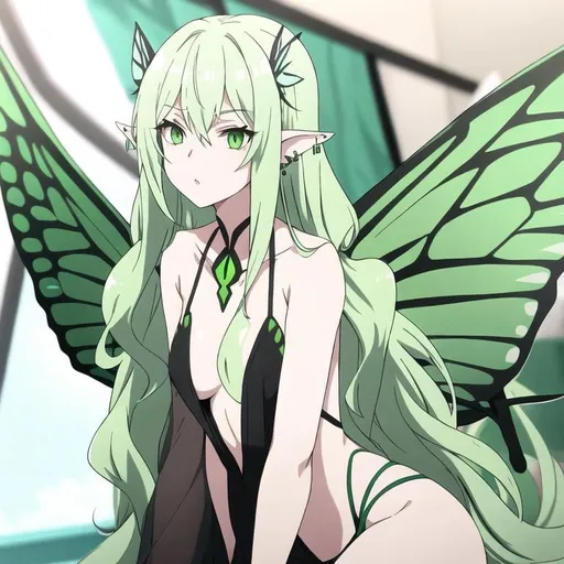 Prompt: She has long wavy green hair and green eyes, her skin is white. Her wings look like a butterfly would have Her pointy long ears poke out of her hair, and she has a few piercings on her long ears.