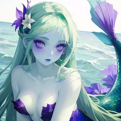 Prompt: A mermaid with pale white skin, long green-blue hair, and purple eyes with a few purple flowers on her head.