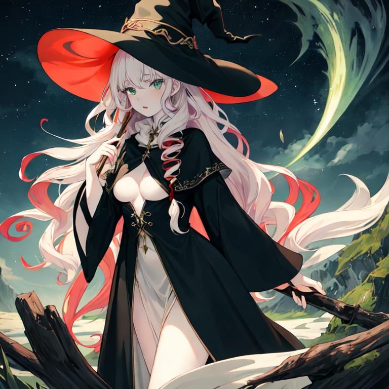 Prompt: pale white-skinned, green-eyed, long red curly haired witch with dark clothes and a witch hat