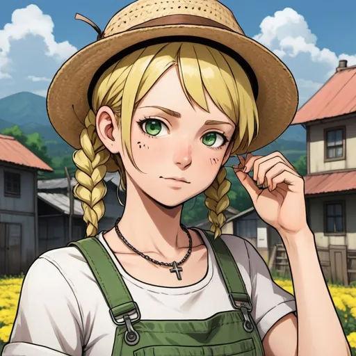 Prompt: A woman farmer with short blonde braids, green eyes, pale light skin, and an innocent face. She wears dirty or patched overalls. She wears a straw hat on her head and she has a cross necklace. Draw some old town behind her. Draw 2d like an anime. In a Persona 4 or Danganronpa art style.