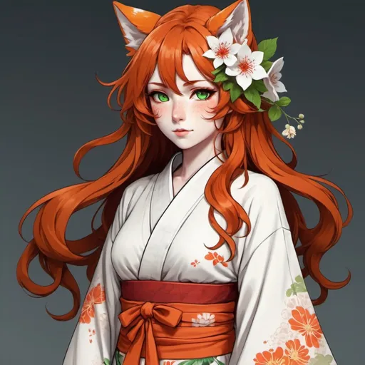 Prompt: a girl kitsune with green eyes, long curly ginger hair, pale white skin, orange tails with white tips, very feminine Phys, wears a bit revealing white and red flower designed midi kimono dress. Draw some old shire behind her. Draw 2d like an anime. In a Persona 4 or Danganronpa art style.