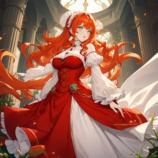 Prompt: A woman with light green eyes, fluffy curly orange hair, and pale white skin. has an innocent face. wears a scarlet red Victorian dress. 