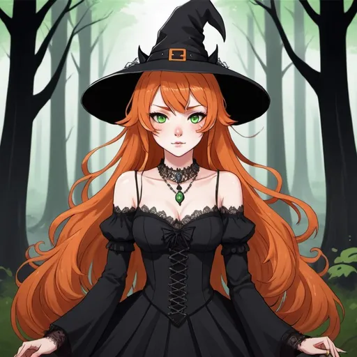 Prompt: a girl kitsune with green eyes, long curly ginger hair, pale white skin, orange tails with white tips, very feminine Phys, wears a gothic witch dress, she has an elegant lace necklace and a classic wide black witch hat with some red stones on it. She has an innocent face. Her nails are either painted black. Draw a forest behind her. Draw 2d like an anime. Draw as if she is in a forest. Draw 2d like an anime. Persona 4 or Danganronpa art style.