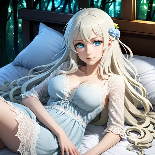 Prompt: She has long wavy white hair, ice-blue eyes, and pale light skin, very feminine Phys, and wears a lace nightdress. She is lying down on the bed. Use dim light. Draw 2d like an anime. Draw as if she is in a forest. Draw 2d like an anime. Persona 4 or Danganronpa art style.