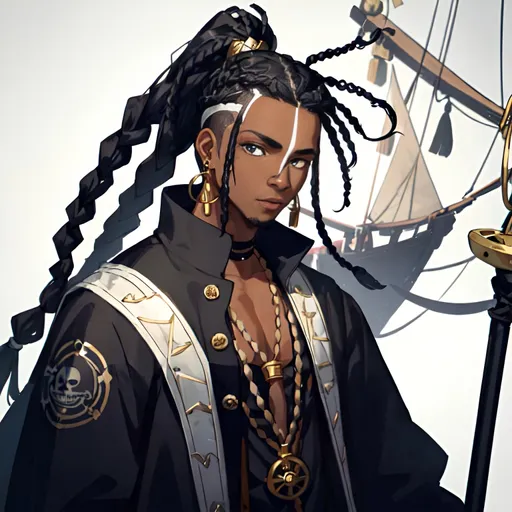 Prompt: A black male pirate with black white hair over his shoulders with some braids on his hair has earrings, and he has some scars on his face. Draw as if he is on the ship.