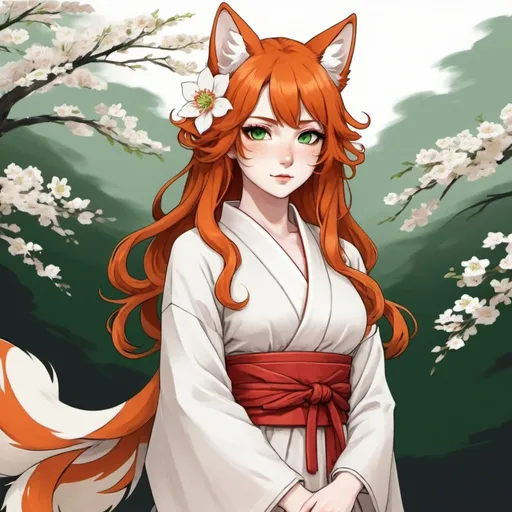 Prompt: a girl kitsune with green eyes, long curly ginger hair, pale white skin, orange tails with white tips, very feminine Phys, wears a bit revealing white and red flower designed midi kimono dress. Draw some old shire behind her. Draw 2d like an anime. In a Persona 4 or Danganronpa art style.