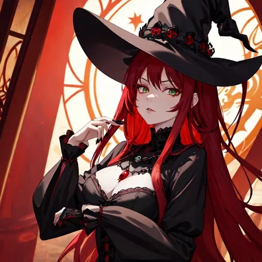 Prompt: A witch with, long red hair and green eyes wearing a black gothic witch dress, she has an elegant ruby lace necklace and a classic wide black witch hat with some red stones on it. She has an innocent face. Her nails are either painted scarlet red or black