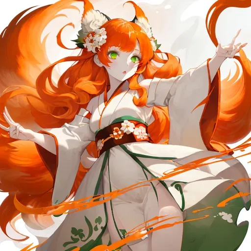 Prompt: a girl kitsune with green eyes, long curly ginger hair, pale white skin, orange tails with white tips, very feminine phys, wears a bit revealing white and red flower-designed midi kimono dress.