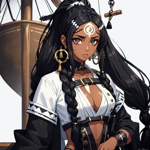 Prompt: A black female pirate with black and white long hair over her shoulders with some braids on her hair has earrings, and she has some scars on her face. Draw as if she is on the ship.