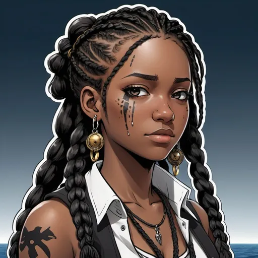 Prompt: A black female pirate with black and white long hair over her shoulders with some braids on her hair has earrings, and she has some scars on her face. Draw as if she is on the ship. Draw 2d like an anime. Persona 4 or Danganronpa style.