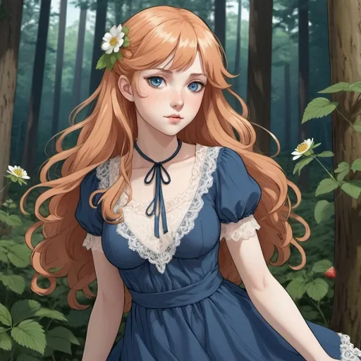 Prompt: a pale white-skinned woman, with long wavey strawberry blonde hair, and blue eyes very feminine Phys, wears a lace cute dress. Draw 2d like an anime. Draw as if she is in a forest. Draw 2d like an anime. Persona 4 or Danganronpa art style.