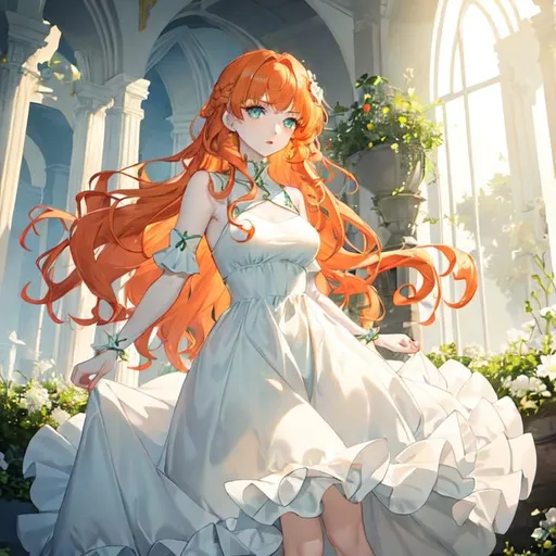 Prompt: A woman with light green eyes, soft curly orange hair, pale white skin. has a innocent face. wears puffy dress with dark or pale coloured. 