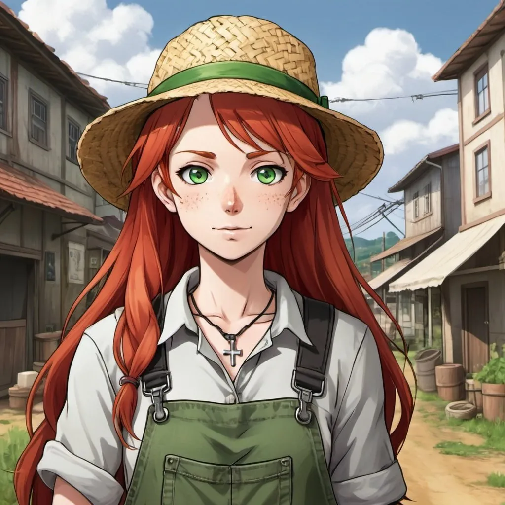 Prompt: A woman farmer with long red hair, green eyes, and pale light skin. She wears dirty or patched overalls. She wears a straw hat on her head and she has a cross necklace. Draw some old town behind her. Draw 2d like an anime. In a Persona 4 or Danganronpa art style.