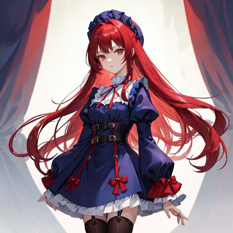 Prompt: A woman with, long red hair and ruby eyes wears a navy blue dress with puffy sleeves. It has ruffles on the chest, and a string bow on her neck with dark purple leggings/stocking under her dress with brown buckle shoes.