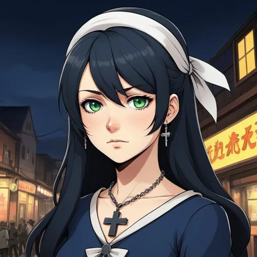 Prompt: A woman cowboy with long black hair, green eyes, pale light skin, and an innocent face. She wears a navy blue long-sleeved dress and has an elegant pendant the same color as her eyes. She also wears a white and navy blue bandana over her head and she has a cross necklace. Draw some old town behind her. Draw 2d like an anime. In a Persona 4 or Danganronpa art style.
