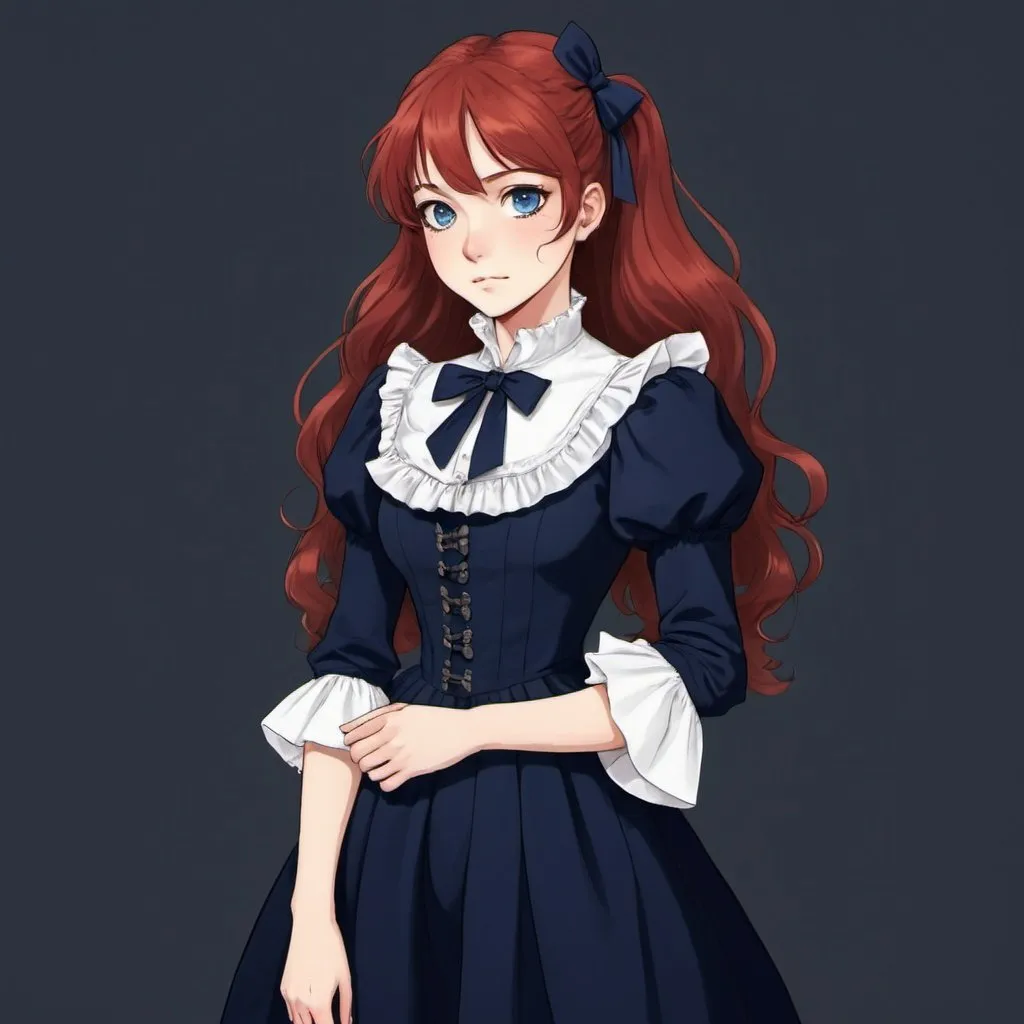 Prompt: A woman with, long red hair and blue eyes wears a navy blue dress with puffy sleeves. It has ruffles on the chest, and a string bow on her neck with dark purple leggings/stocking under her dress with brown buckle shoes. She has a feminine Phys. She looks like she is from 18-19th century. Draw an old ofice behind her. Draw 2d like an anime. In a Persona 4 or Danganronpa art style.