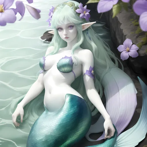 Prompt: A mermaid with pale white skin, long green-blue hair, and purple eyes with a few purple flowers on her head. She also has long elf like ears