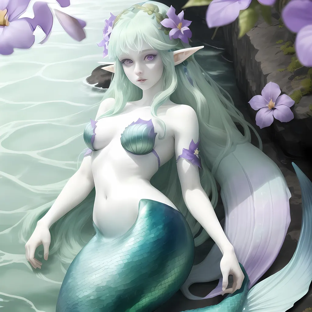 Prompt: A mermaid with pale white skin, long green-blue hair, and purple eyes with a few purple flowers on her head. She also has long elf like ears