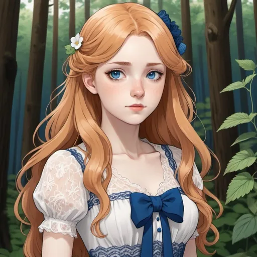 Prompt: a pale white-skinned woman, with long wavey strawberry blonde hair, and blue eyes very feminine Phys, wears a lace cute dress. Draw 2d like an anime. Draw as if she is in a forest. Draw 2d like an anime. Persona 4 or Danganronpa art style.