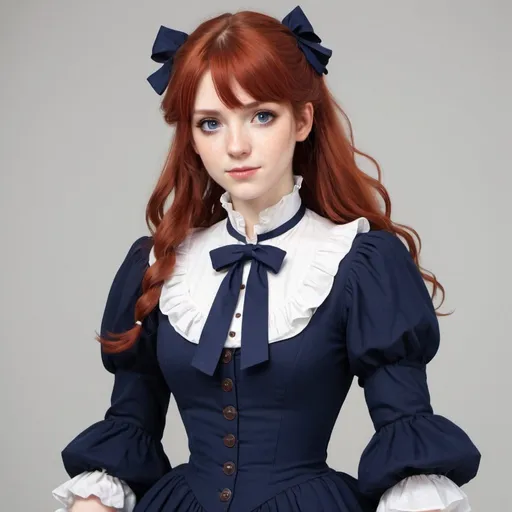 Prompt: A woman with, long red hair and blue eyes wears a navy blue dress with puffy sleeves. It has ruffles on the chest, and a string bow on her neck with dark purple leggings/stocking under her dress with brown buckle shoes. She has a feminine Phys. She looks like she is from 18-19th century. Draw an old ofice behind her. Draw 2d like an anime. In a Persona 4 or Danganronpa art style.