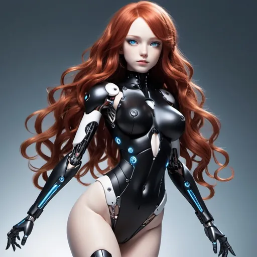 Prompt: A woman cyborg with long wavy red hair and blue eyes has a very feminine body and light white skin. Her joint parts look like a ball-jointed doll would have. She is wearing a black bodysuit. Use 2d anime art style.