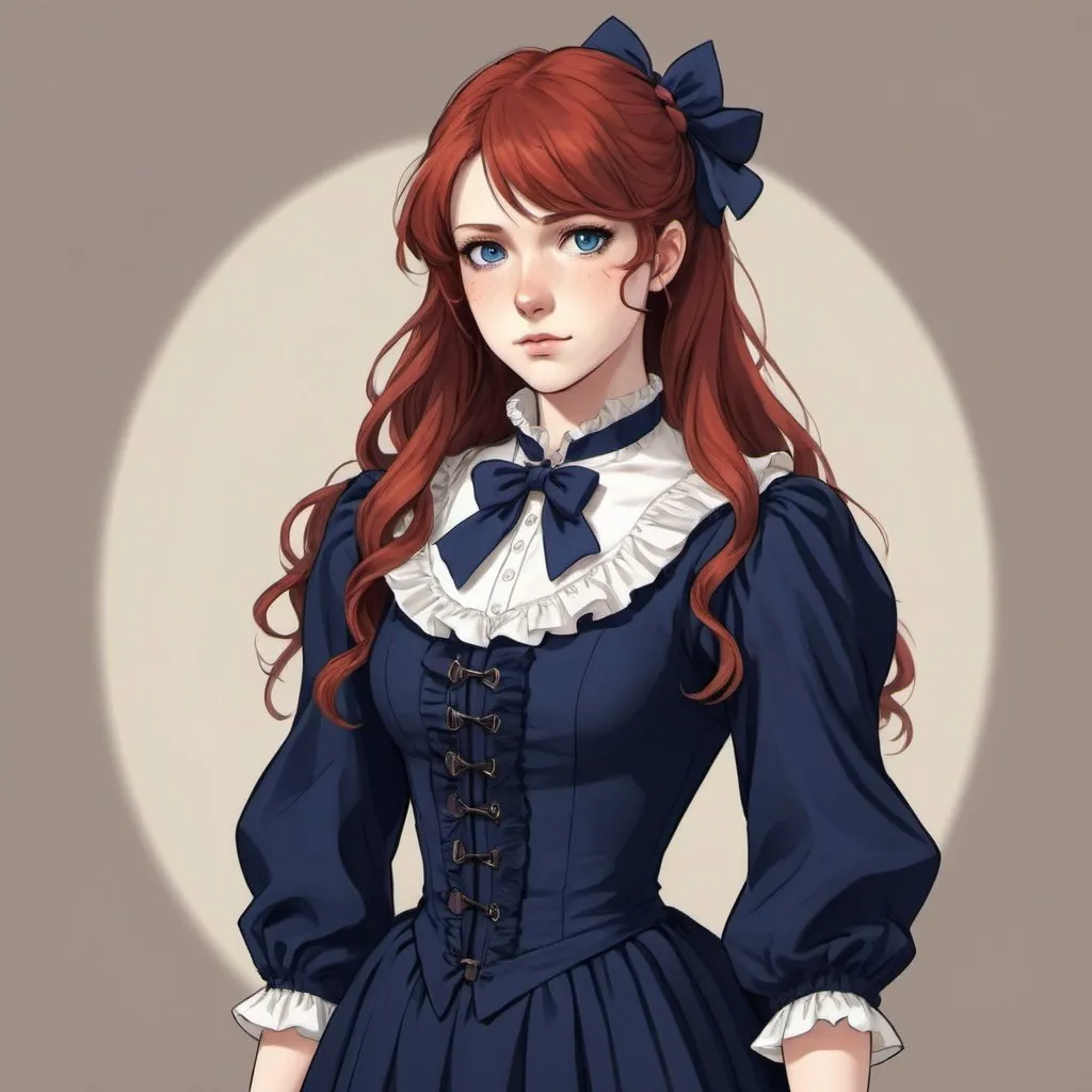 Prompt: A woman with, long red hair and blue eyes wears a navy blue dress with puffy sleeves. It has ruffles on the chest, and a string bow on her neck with dark purple leggings/stocking under her dress with brown buckle shoes. She has a feminine Phys. She looks like she is from 18-19th century. Draw an old ofice behind her. Draw 2d like an anime. In a Persona 4 or Danganronpa art style.