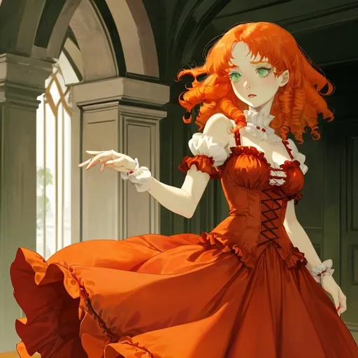 Prompt: A woman with light green eyes, soft curly orange hair, and pale white skin. has an innocent face. wears a scarlet red Victorian dress. 