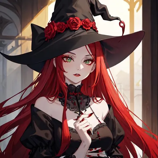 Prompt: A witch with, long red hair and green eyes wearing a black gothic witch dress, she has an elegant ruby lace necklace and a classic wide black witch hat with some red stones on it. She has an innocent face. Her nails are either painted scarlet red or black