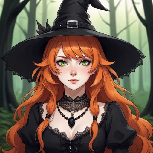 Prompt: a girl kitsune with green eyes, long curly ginger hair, pale white skin, orange tails with white tips, very feminine Phys, wears a gothic witch dress, she has an elegant lace necklace and a classic wide black witch hat with some red stones on it. She has an innocent face. Her nails are either painted black. Draw a forest behind her. Draw 2d like an anime. Draw as if she is in a forest. Draw 2d like an anime. Persona 4 or Danganronpa art style.