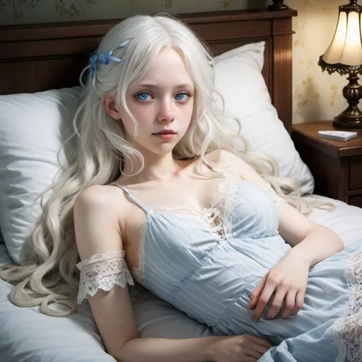 Prompt: A woman with albino disorder. She has long wavy white hair, ice-blue eyes, and pale light skin, very feminine Phys, and wears a lace nightdress. She is lying down on the bed. Use dim light. Draw 2d like an anime. Draw as if she is in a forest. Draw 2d like an anime. Persona 4 or Danganronpa art style.