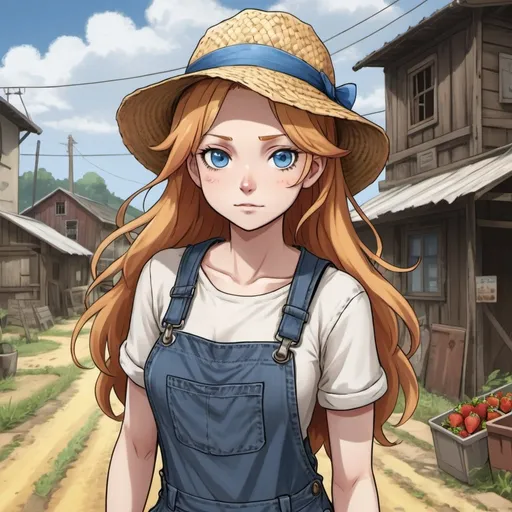 Prompt: A woman farmer with pale white skin, long wavey strawberry blonde hair, and blue eyes. She wears dirty or patched overalls. She wears a straw hat on her head and she has a cross necklace. Draw some old town behind her. Draw 2d like an anime. In a Persona 4 or Danganronpa art style.