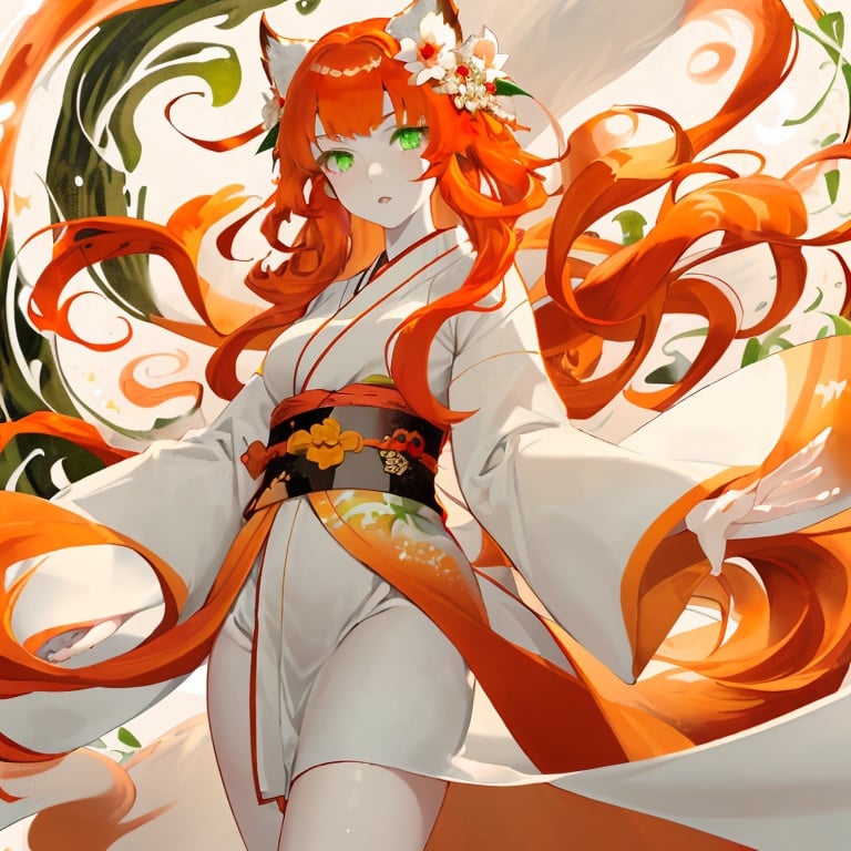 Prompt: a girl kitsune with green eyes, long curly ginger hair, pale white skin, orange tails with white tips, very feminine phys, wears a bit revealing white and red flower-designed midi kimono dress.