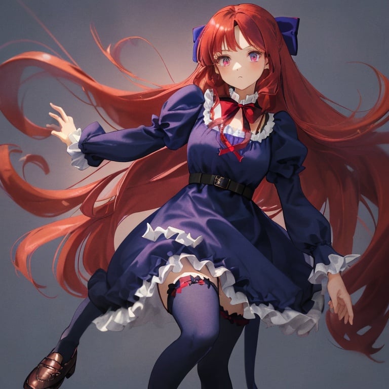 Prompt: A woman with, long red hair and ruby eyes wears a navy blue dress with puffy sleeves. It has ruffles on the chest, and a string bow on her neck with dark purple leggings/stocking under her dress with brown buckle shoes.