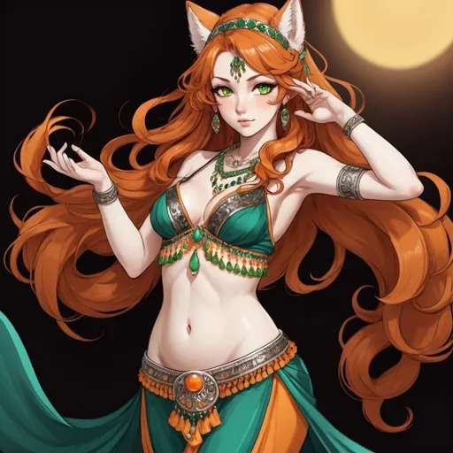 Prompt: a girl kitsune with green eyes, long curly ginger hair, pale white skin, orange tails with white tips, very feminine Phys, wears female belly dancer outfit. Draw 2d like an anime. In a Persona 4 or Danganronpa art style.
