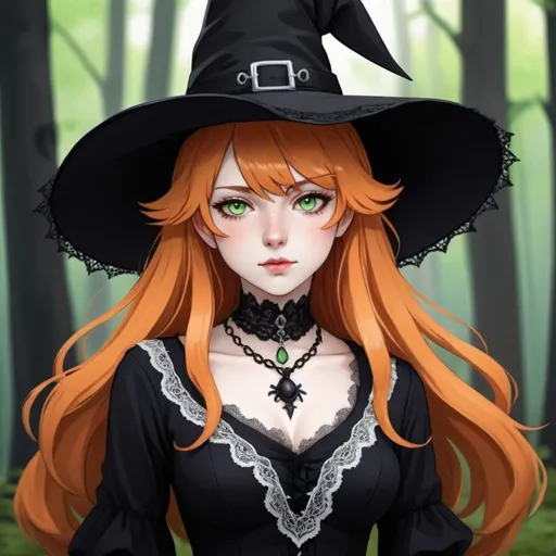 Prompt: a girl kitsune with green eyes, long curly ginger hair, pale white skin, orange tails with white tips, very feminine Phys, wears a gothic witch dress, she has an elegant lace necklace and a classic wide black witch hat with decorations on it. She has an innocent face. Her nails are either painted black. Draw a forest behind her. Draw 2d like an anime. Draw as if she is in a forest. Draw 2d like an anime. Persona 4 or Danganronpa art style.