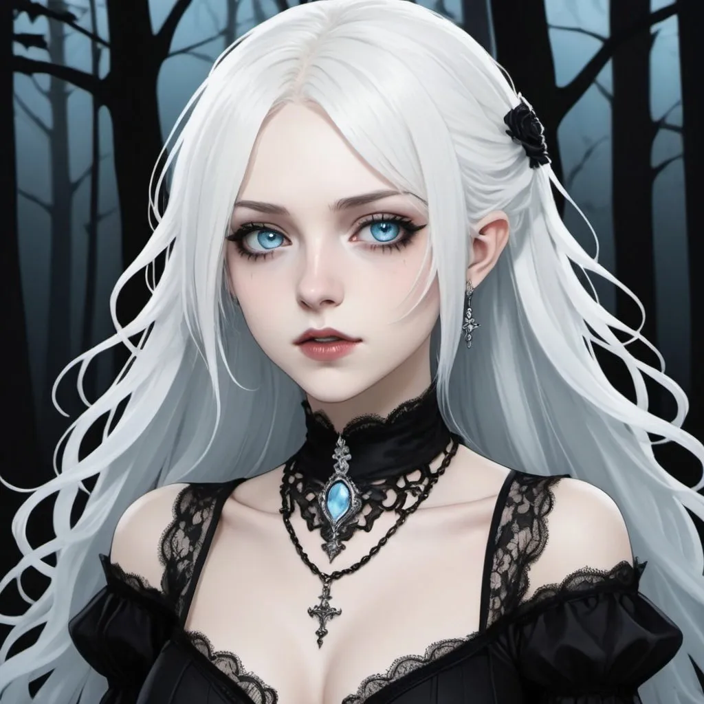 Prompt: A vampiress with albino disorder, long white hair, and ice-blue eyes wearing a black gothic revealing dress, she has an elegant lace necklace. Her nails are painted black. Draw a dark street behind her. Draw 2d like an anime. Draw as if she is in a forest. Draw 2d like an anime. Persona 4 or Danganronpa art style.