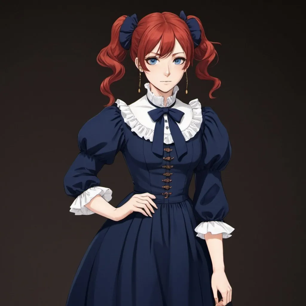 Prompt: A woman with, long red hair with small buns and blue eyes wears a navy blue dress with puffy sleeves. It has ruffles on the chest, and a string bow on her neck with dark purple leggings/stocking under her dress with brown buckle shoes. She looks like she is from 18-19th century. Draw an old ofice behind her. Draw 2d like an anime. In a Persona 4 or Danganronpa art style.