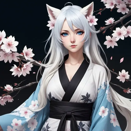 Prompt: a girl kitsune with ice blue eyes, long wavy platin white hair with black tips, pale white skin, white tails with black tips, very feminine Phys, wears a bit revealing blue and sakura flower designed midi kimono dress. Draw some old shire behind her. Draw 2d like an anime. In a Persona 4 or Danganronpa art style.