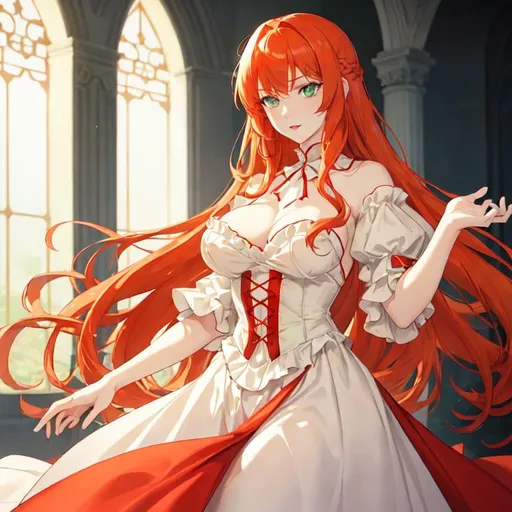 Prompt: A woman with light green eyes, long curly orange hair, and pale white skin. has an innocent face. wears a scarlet red Victorian dress. 