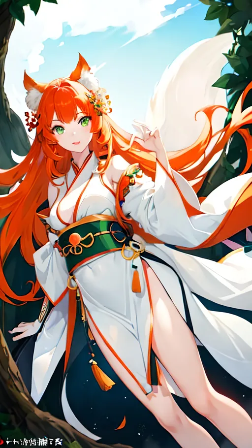 Prompt: a girl kitsune with green eyes, long curly ginger hair, pale white skin, orange tails with white tips, very feminine phys, wears an a bit revealing white and red flower designed midi kimono dress.