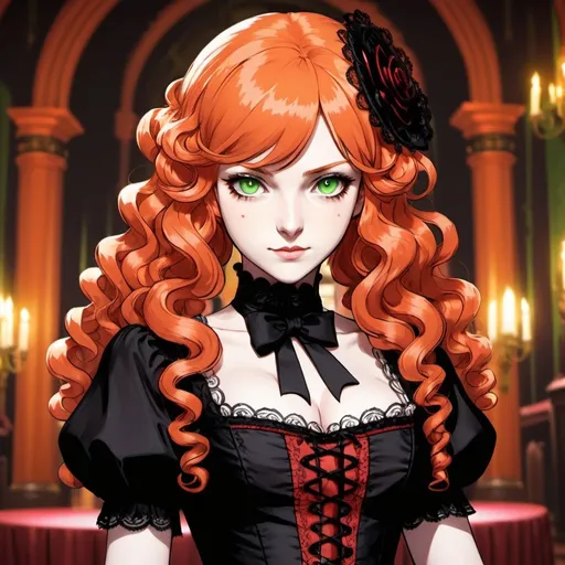 Prompt: A woman with light green eyes, fluffy curly orange hair, and pale white skin. has an innocent face. wears a scarlet red and black gothic Victorian dress.  Draw a ballroom behind her. Draw 2d like an anime. In a Persona 4 or Danganronpa art style.