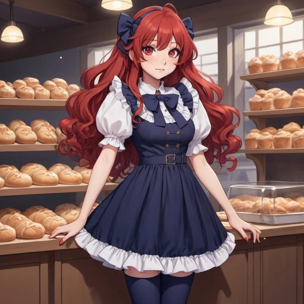 Prompt: A woman with, long red hair and ruby eyes wears a navy blue dress with puffy sleeves. It has ruffles on the chest, and a string bow on her neck with dark purple leggings/stocking under her dress with brown buckle shoes. Draw a bakery behind her. Draw 2d like an anime fanart.